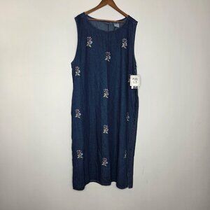 Erika II & Co Womens Denim Floral Embroidered Dress Size 2X Buttons Cottage Core